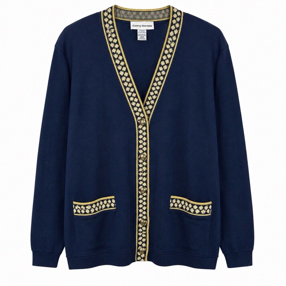 Cathy Daniels Cardigan Sweater Women's Large Blue Geometric Trim Button Front